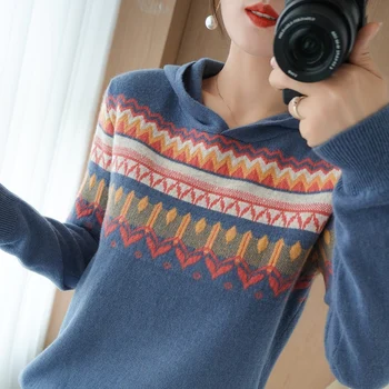 Novi džemper sa kapuljačom od čiste vune za žene, jesensko-zimskom-pulover za self-poboljšanje, pogodan u boji, kašmir džemper dugih rukava