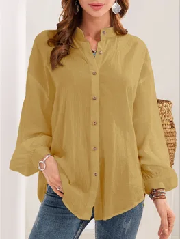 Majica veličine ženska bluza sa dugim rukavima 2021 proljeće i ljeto monotono košulja na zakopčane od pamuka i lana kardigan ženski