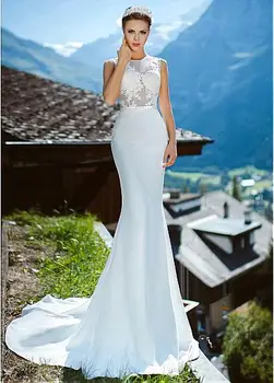 Romantično vjenčanje haljina Sirena šifona s okruglog izreza i transparentan steznik Dužine do poda munje Straga vjenčanica Vestidos de Novia