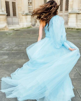 Sevintage Elegantan plave haljine za maturalnu večer na jedno rame s dugim rukavima trapeznog oblika Večernje haljine Ženske večernje haljine Modne odjeće