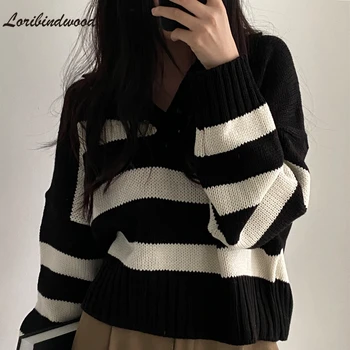 Loribindwood Novi 2021 Ženski jesensko-zimski džemper pleteni Berba pulover u korejskom stilu prugama Trendi kratke majice ženske