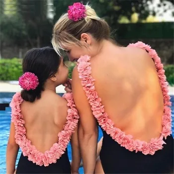 Seksi 3D Cvjetni Remen s otvorenim leđima Majka Kćer Obiteljske pogodan Kupanje Žene Djevojka Cvijet Jednodijelni kupaći Kostim Bikini 2021