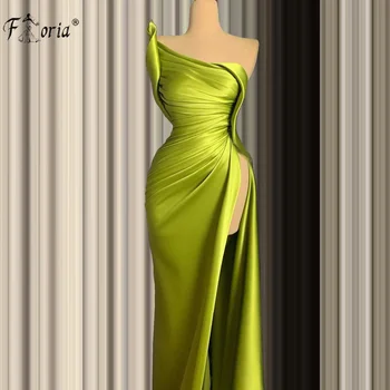 Zelena haljina za prom s рюшами na jedno Rame s prorezom sa strane Jednostavne jeftini nabrane satin večernje haljine 2021 Sirena Vestidos De Festa