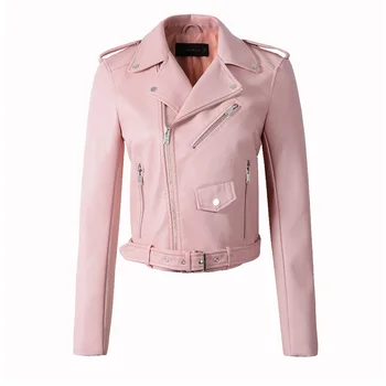Ailegogo Jesen ženske jakne od umjetne kože Ženski kaput od umjetne kože Bombaš Moto Biker Pink Crna odjeća s pojasom