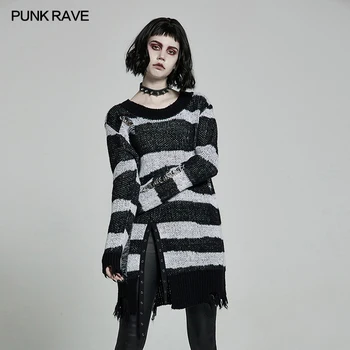 Punk-RAVE Ženski gotička casual pulover dugih rukava, Džemper, identitet, Nepravilnog prugasta nošen pletene džemper srednje dužine