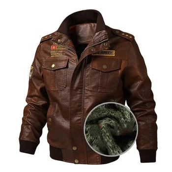 Мотоциклетная jakna za muškarce 2020 Jesen zima Svakodnevni kožna jakna-aviator s vezom, ovratnik-satna džep, Smeđa baršun jakna od umjetne kože