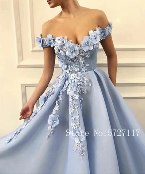 S otvorenim ramenima 3D Cvjetni oblog s kristalima Plava haljina za prom čipka-up straga Seksi večernje haljine abiti da cerimonia donna