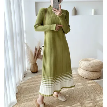 Novi Stil Iznad koljena Slobodan pulover u traku s полувысоким cutaway, ženski pletene džemper u boji blokova, Duga haljina Sueters De Mujer