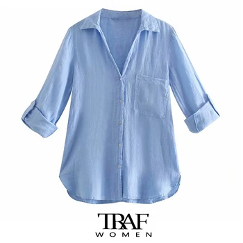 TRAF Za Ženska moda džep Osnovne lana Vintage bluze Dugih rukava sa smotanim rukavima Bočni otvor Ženske košulje Šik vrhovima