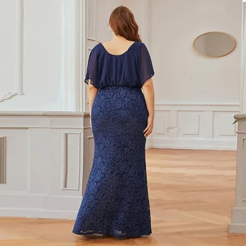 Večernja haljina Tamno plave boje u stilu Carstva, sa kratkim rukavima Cvjetni print Sirena Modni nabora Dužine do poda Plus Size Žene večernje haljine D991