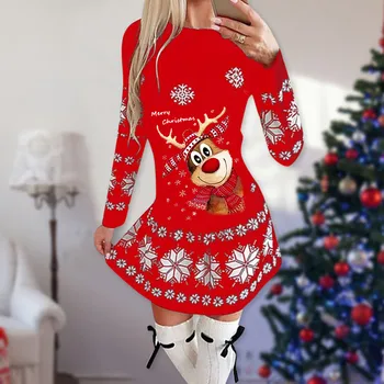 Novo Božićno haljinu-džemper Moda EIK Pahuljica Print s dugim rukavima Slobodno večernjim mini haljinu Svakodnevno Donje Crveno Božićni odijelo