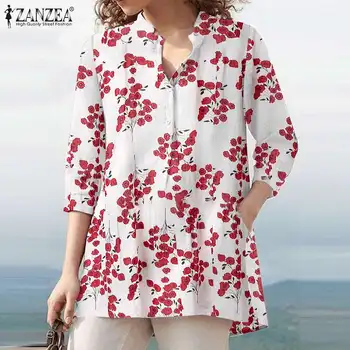 2021 ZANZEA Godišnje Vintage košulje s cvjetnim ispis Ženska Elegantna Casual košulja s rukavima 3/4 Boem svečana bluza Ženska tunika Vrhovima
