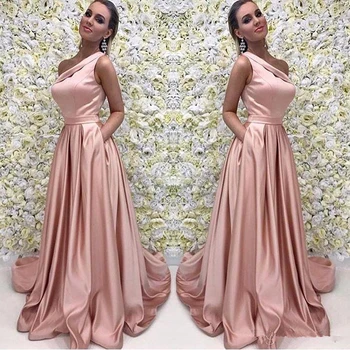 Duga haljina za maturalne od ružičastog zlata 2021 Elegantan s jednim krakom, bez rukava, trapeznog oblika, saten haljine na podu, Večernja haljina djeverušama