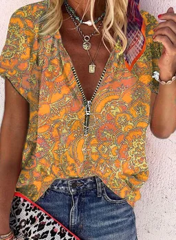 Ženska bluza 2021 Godišnje Vintage ženska majica kratkih rukava s po cijeloj površini Svakodnevni Slobodna munje s V-izrez Ženske majice Ženska vanjska odjeća
