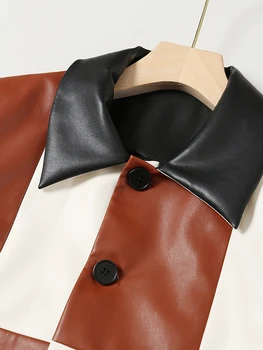 TWOTWINSTYLE Svakodnevni slobodna umjetna koža Izravna patchwork jakna s obojene blokove za žene Kaput s dugim rukavima i lapels Ženski modni stil