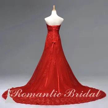 Novi dolazak Slatka haljina trapeznog oblika Na red Čipka aplicirano zrna čipka-up Pravi fotografije Crvene vjenčanice RW0017