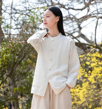 Aransue 2021 Proljeće Ljeto Nova Ženska Gornja odjeća Kineski Retro Košulje Nacionalni stil Rami Ovratnik satna Košulja na zakopčane Odijelo Taiji