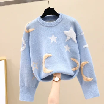 Korejski moda Moon Stars Slobodan džemper Za žene 2021 Novi Jesen zima Puloveri Ženski dres Casual kardigan Jesenski вязаная odijevanje