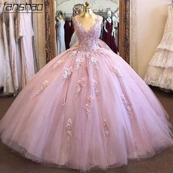 Fanshao Roza bujne haljine 3D s cvjetnim aplikacije V-oblika izrez bez rukava za 15 djevojaka Dvorana večernje haljine Fin sjajna tila
