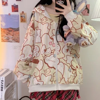 Majica s kapuljačom na munje Ženska jesenski jakna s cartoonish po cijeloj površini Kawai Djevojka Japanska slatkog slobodno kaput Jesen odjeća za žene odjeća