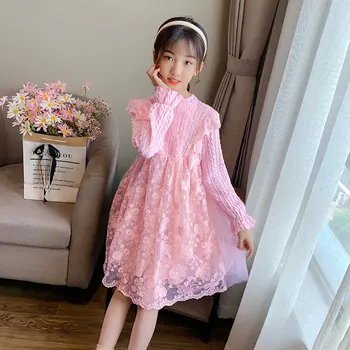 Nove Jesensko-zimske haljine za djevojčice do koljena Princeza u prilično stilu čipkom mreže i cvjetnim uzorkom Roza odjeća za djevojčice od 4 do 13 godina