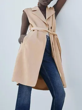 Prsluk ZA jesen 2021 nova ženska odjeća, prsluk bez rukava s lapels, замшевая tekstura, prsluk s pojasom-luk