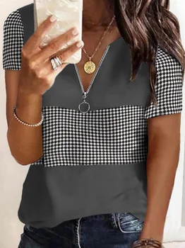 Bluza Ženska munje s V-neck Majice kratkih rukava Bluze 2022 Godišnja ženska moda Patchwork Svakodnevni slobodna shirt Majice moda