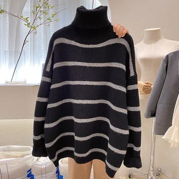 Džemper u traku s visokim ulivni žena Slobodan lijeni toplo debele pletene pulover 2021 Jesen Zima Modni vrhovima