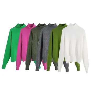 WXWT Za žene Samo Izgled Vrata Pune Boja Boja Casual pletene džemper Ženski šik Osnovni pulover dugih rukava Marke vrhovima