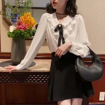 Francuski Vintage košulje i majice, Ženske Svakodnevne dugi rukav Uredan stil Košulje čiste boje Dama Korejski moda Y2k Skraćeni ženske majice