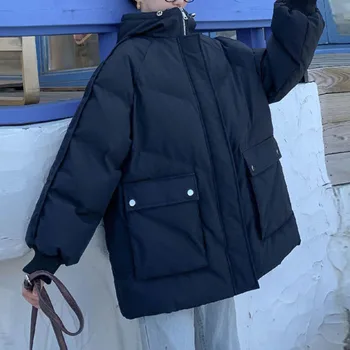 Zimski kaput Ženska jakna 2021 Nova Svakodnevnica s velikim džep Modne boje za odjeću kratkih rukava Toplo s kapuljačom Monotone slobodno kaput-balon
