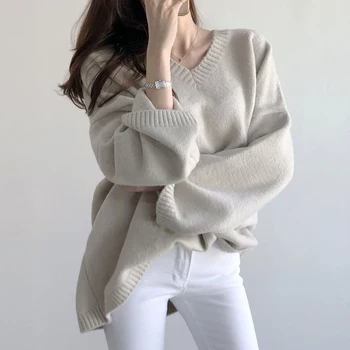 Ženski džemper Crno bijeli Pulover Korejski stil 2021 Novu Jesensko-zimskom Slobodan dan-to-dan pletene top s V-izrez Monotono odjeća 16613