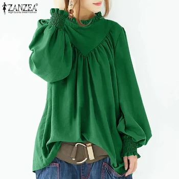 ZANZEA 2021 Ženska moda Svakodnevni uredski košulja Monotono ženska košulja Ženska odjeća Jednostavne volanima Radna bluza sa zelenim rukavima Jesenski bluza