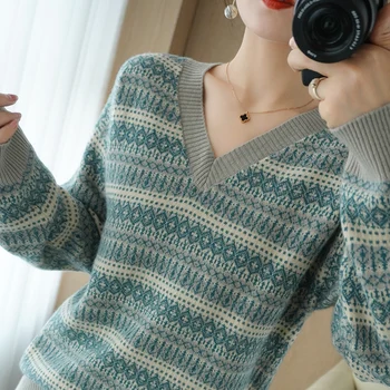 Casual ženski kašmir pulover s V-izrez i dugi rukav majica na pruge, pletene obična vunena Свитер2020 Pulover Novog proizvoda, jesen i zima