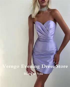 Verngo 2021 Lavanda Atlas Mini Kratke koktel haljine za zabave Udaljiti bujne Naborima rukava Ženske haljine za maturalne Dama večernja haljina