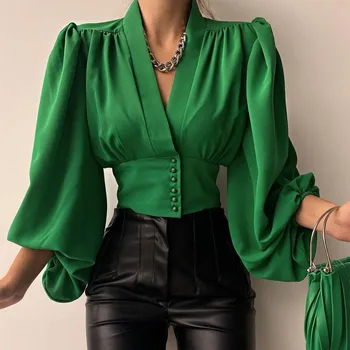 Klasicni Za žene s dugim rukavima-svjetiljku Bluza košulja Dama Elegantan V-izrez ravnici tanke zelene gumbe Top 2022 Nova proljetna košulja Blusas Femme