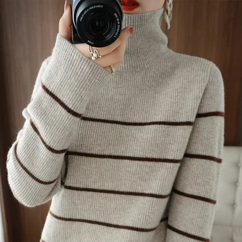 Zimske ženski veste Svakodnevne prugasta водолазки dugi rukav Ženski pulover vunene pletene majice Odjeća Kardigan, gornja odjeća