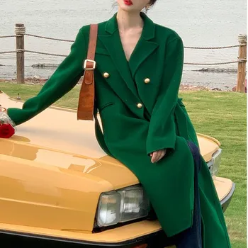 Novi dolazak zime винтажное bilateralna vune blijeda kaput za žene sa zelenim pojasom x-dugi mornarska odjeća