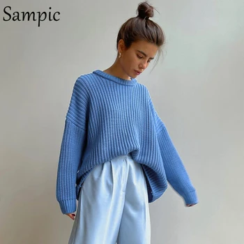 Zimska odjeća Sampic Dres Džemper za žene s okruglog izreza Y2K Prevelike pulover pletene Kardigan džemper Ženske modne vrhovima 2021