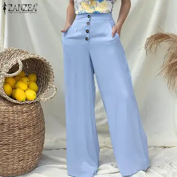 ZANZEA ravnici duge hlače Ženske Svakodnevne Široke hlače 2021 Jesen Hlače s visokim strukom Ženske modne gumbe Slobodan hlače veličine