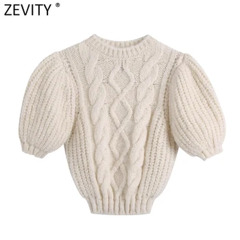 Zevity 2022 Ženska moda O-izrez sa zelenim rukavima, Kratke pletene džemper Ženski šik Twist Skraćeni pulover Vrhovima SW977