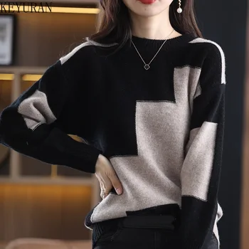 Elegantan pulover okruglog izreza na ton boja Za žene Casual džemper dugih rukava u patchwork stilu pletene kardigan Jesen free ženski pulover veste