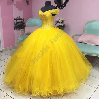 Šarmantan žute bujne haljine sa V-izrez s otvorenim ramenima za 15 Djevojaka Loptu haljina Briljantan тюлевое haljinu s naborima i šljokicama, Kristalno haljinu za prom
