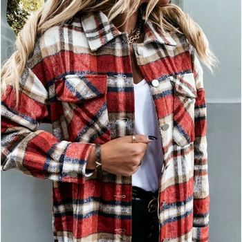 2021 Jesen kariranih jakne, dugi rukav Ženska zimska debela košulja Slobodno kaput s džepovima Ženske košulje Casual modna ženska odjeća