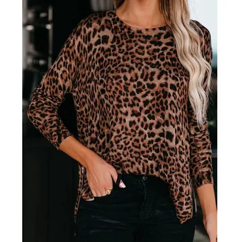 Леопардовый print Ženska bluza sa dugim rukavima Modne s prorezom za Rub Okrugli izrez Jesen vrhovima Ženska tunika MX0001
