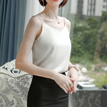Korejski svilene majice, Ženske svilene bluze s V-izrez Top Elegantne ženske svilene košulje Bijele majice Ženske satin bez rukava Osnovni top Moda