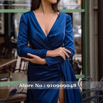 Kraljevski Plava Donje večernja haljina s dugim rukavima Večernje haljine Sirena Satiny V-oblika dekoltea s visokim prorezom Seksi haljine za maturalne 2021 Vestidos De Noite