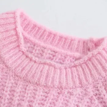 TRAF Woman 2021 Pink pletene džemper Jesen pulover okruglog izreza i dugi rukav Slobodan džemper Elegantan Ženski Kratkom topli džemper