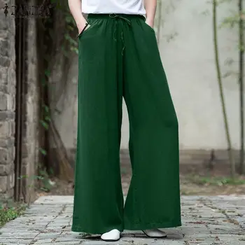 ZANZEA Berba ženske hlače s elastičan struk 2021 Ljetnim široke hlače Svakodnevne ženske običan pamuk lana džepove Prevelike dna