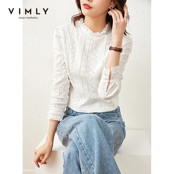 VIMLY Proljeće cvjetne čipke košulje za žene Moda majica s ovratnikom - stalak, pulover s bujnim rukavima, Vintage odjeća, ženske majice F6795